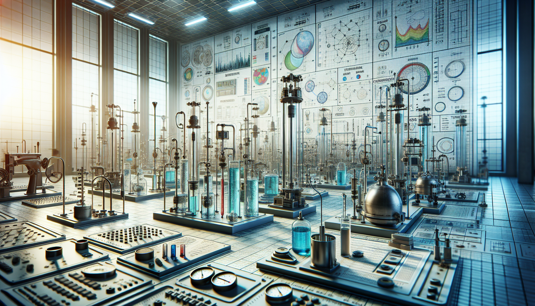 A realistic depiction of a hydraulic laboratory filled with scientific instruments measuring water density. There are temperature and pressure charts scattered across the room, as well as diagrams of hydraulic systems. The room is buzzing with data, depicting the hardening of human knowledge about the dynamics of liquids.